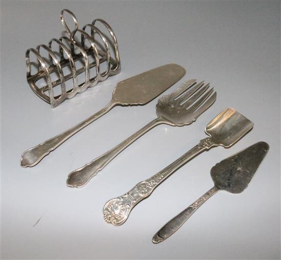 Silver toastrack, Queens pattern silver Stilton scoop, and 3 plated servers